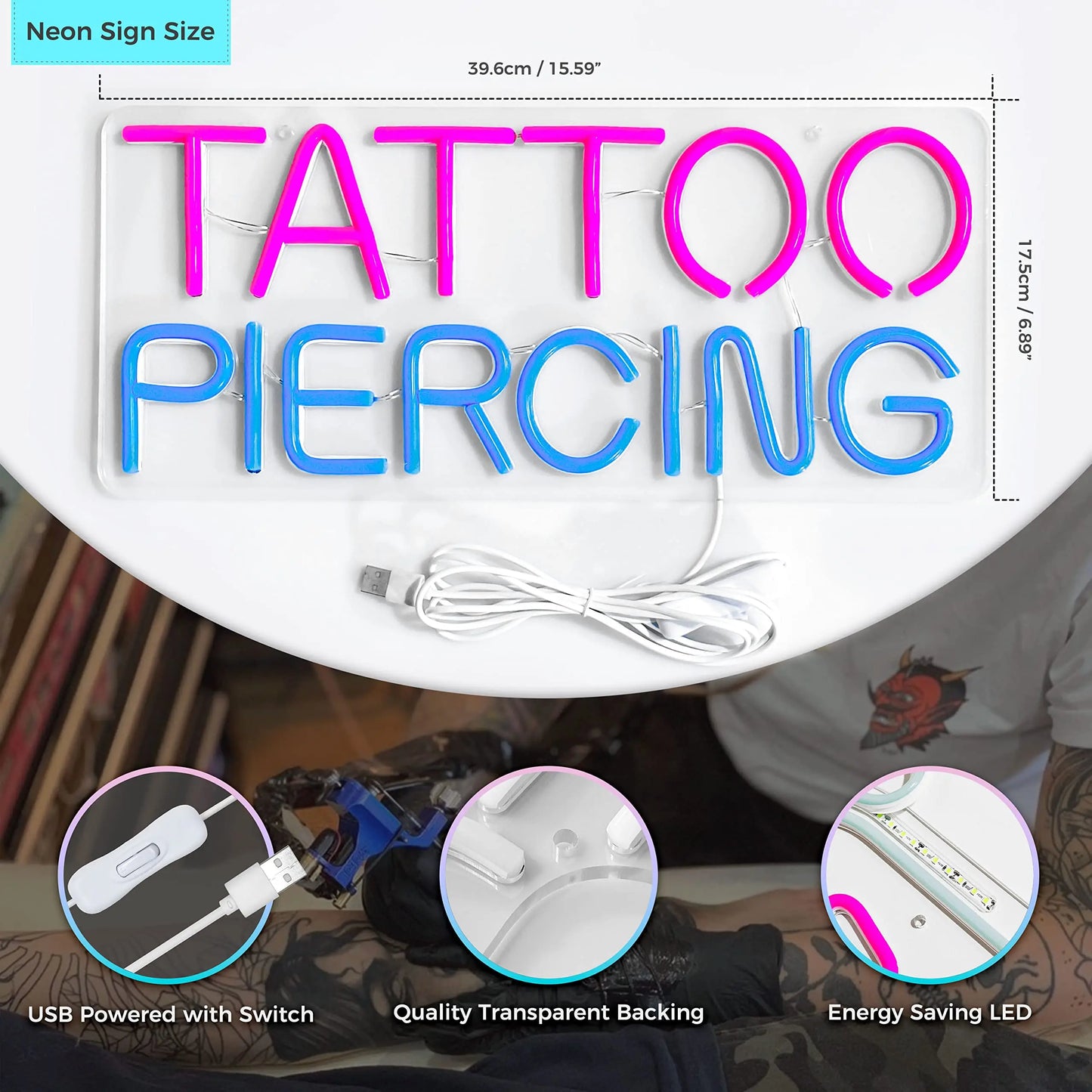 Tattoo Piercing Neon Light Wall Sign for Tattoo Salon Studio Shop LED Fun Wall Art Decor for Business Stores Display Man Cave