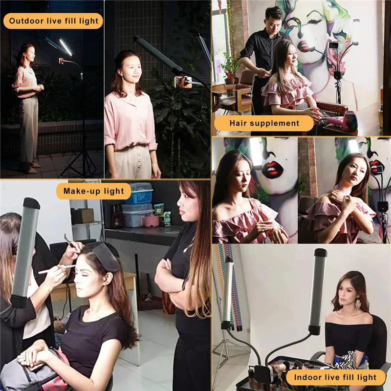 Double Arms LED Fill Light Photo Studio Long Strips LED Ring Lamp with Tripod LCD Screen 3200-5600K Photographic Selfie Lighting