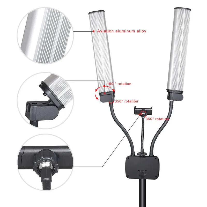 Double Arms LED Fill Light Photo Studio Long Strips LED Ring Lamp with Tripod LCD Screen 3200-5600K Photographic Selfie Lighting