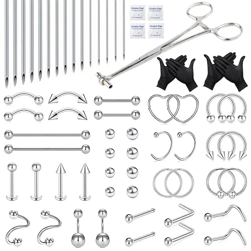 60PCS Body Piercing Tool Kit 14G Disposable Professional Body Self Piercing Kits Clamp Gloves Tools Ear Lip Nose Navel Piercings