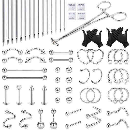 60PCS Body Piercing Tool Kit 14G Disposable Professional Body Self Piercing Kits Clamp Gloves Tools Ear Lip Nose Navel Piercings