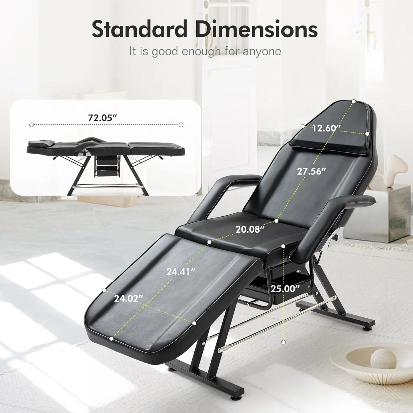 Tattoo Chair for Clients,Adjustable Facial Massage Spa Salon Bed Eyebrow Chair,Folding Lash Bed w/ Stool,Storage Box,Light Black