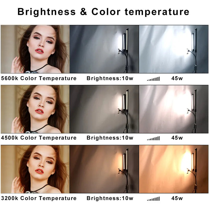 Double Arms LED Fill Light Photo Studio Long Strips LED Ring Lamp with Tripod LCD Screen 3200-5600K Photographic Selfie Lighting